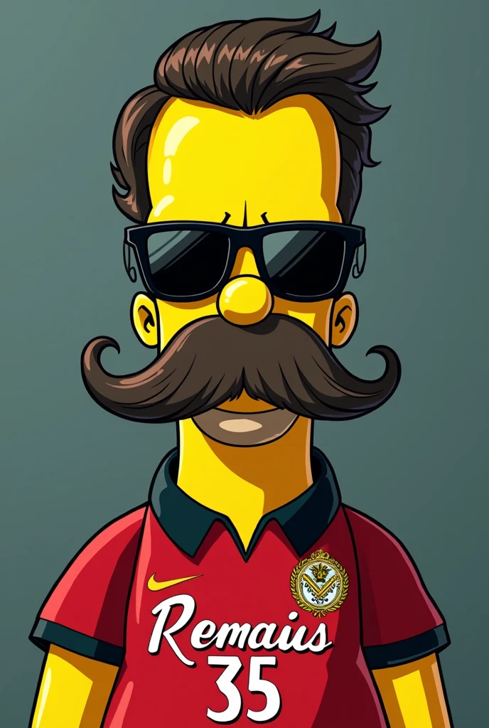 homer simpson en mode pablo escobar avec une moustache et une coupe de cheveux avec une paire de lunette noir avec un cigare dans la bouche et le maillot rouge et noir du stade rennais et sur le maillot ecrit au mileu Cali Weed 35 floqué en cartoon