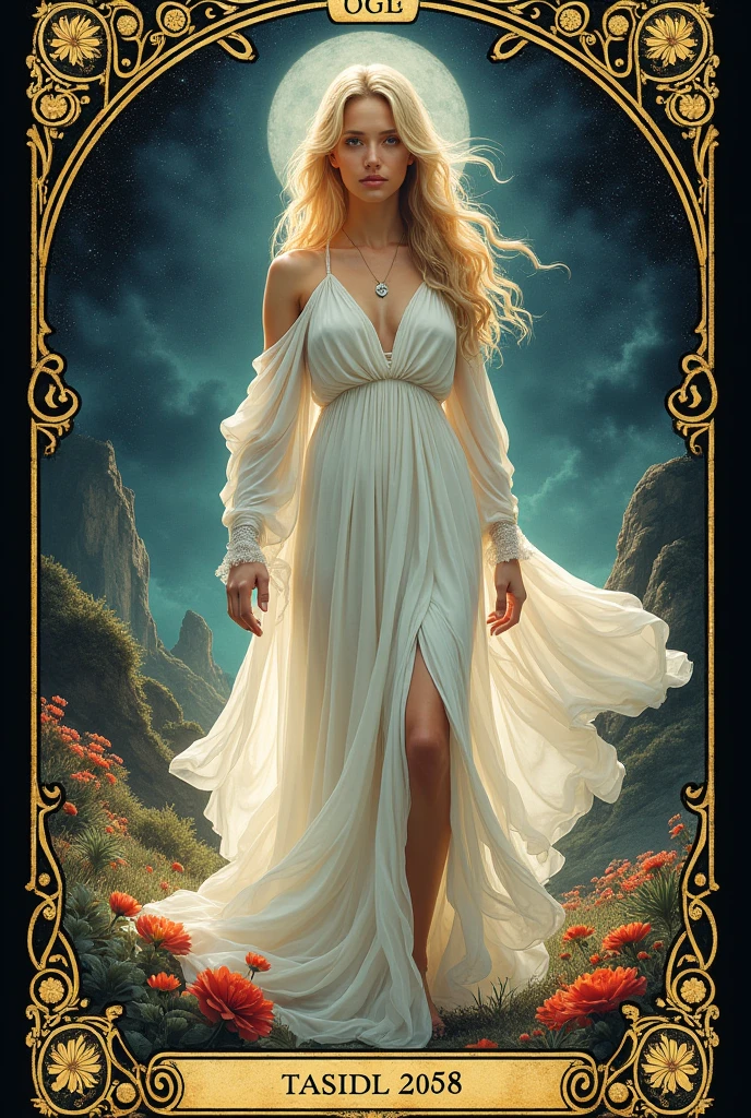 Front face enlarged, intricate detailed Tarot Cards illustration, Tarot Cards, Tarot Cards "words", Card Header Text "Ticker", Card Footer Text "world", Text font style medieval, Blonde Goddess, White Dress,((Infinity symbol background)), Infinity symbol, Ouroboros symbol, Cinema Lighting, Dramatic Shadows, Vibrant colors, Rich color palette, surreal Tarot Cards, Mysterious Landscape, Sparkling details, Gorgeous patterns　