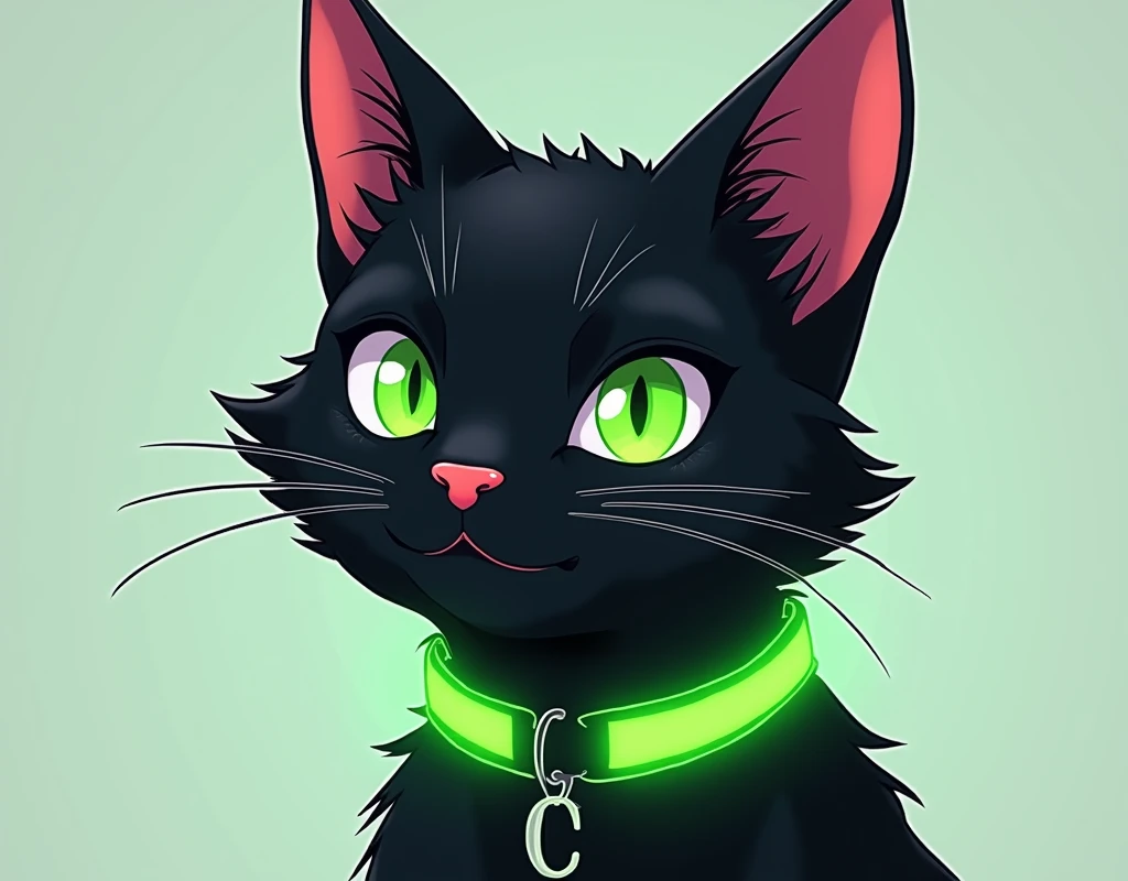 black cat face anime, neon green collar with a c