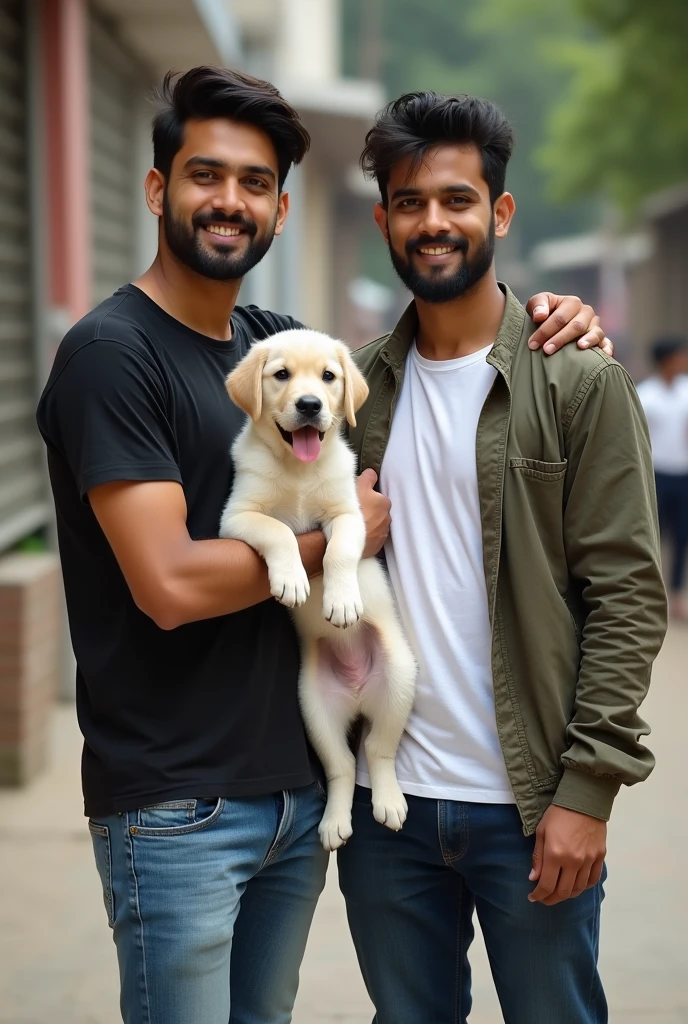 Please create an image with look alike clicked by camera
In picture I’m holding a labrador cream color dog puppy with high tongue out in cute pose and my friend is there with me and his one hand is on my shoulder
We both friends are north indian male with fair color tone
I’m clean shaved and my friend is in small beard
I’m wearing black t shirt and he is carrying white t shirt with jacket
And jeans with good sneaker