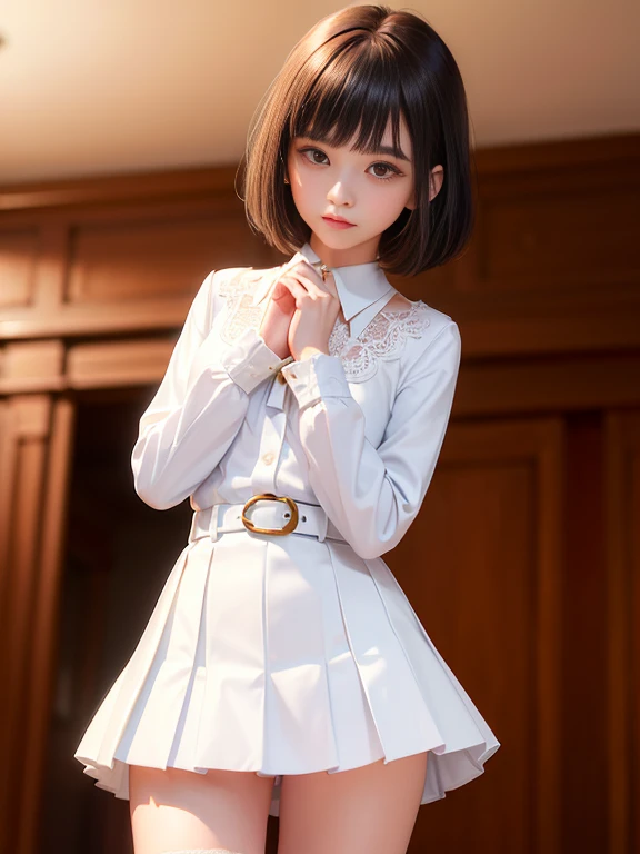 (masterpiece、Highest quality:1.7)、(:1.5)、(Above the knee shot:1.5)、Bobcut、Black Hair、85mm、16K、Official Art、RAW Photos、Best Beautiful Faces、Close-up、Violet、Gardenia、((The best beautiful girl、very cute))、Red blush on cheeks、indoor、(Are standing:1.8)、Film Grain、Chromatic Aberration、Sharp Focus、(((Nice hands、Perfect hands、Perfect Fingers、Thin and delicate fingers、A perfect body without flaws)))、Detailed face、(Slender body:1.5)、(Slender body:1.4)、(Slim upper body:1.4)、(Small and flat bust:1.7)、(Let your bangs hang down:1.8)、(Blushing:1.8)、(Low contrast lighting:1.2)、(White tight business blouse with collar:1.5)、(White bow tie blouse:1.4)、(Long sleeve: 1.3)、(A very short white pleated mini skirt:1.8),(Holding his chest with his palm:1.5)、(Low angle from below:1.6),(The skirt is rolling up:1.7),((Thigh)Attach a lace belt to:1.6)