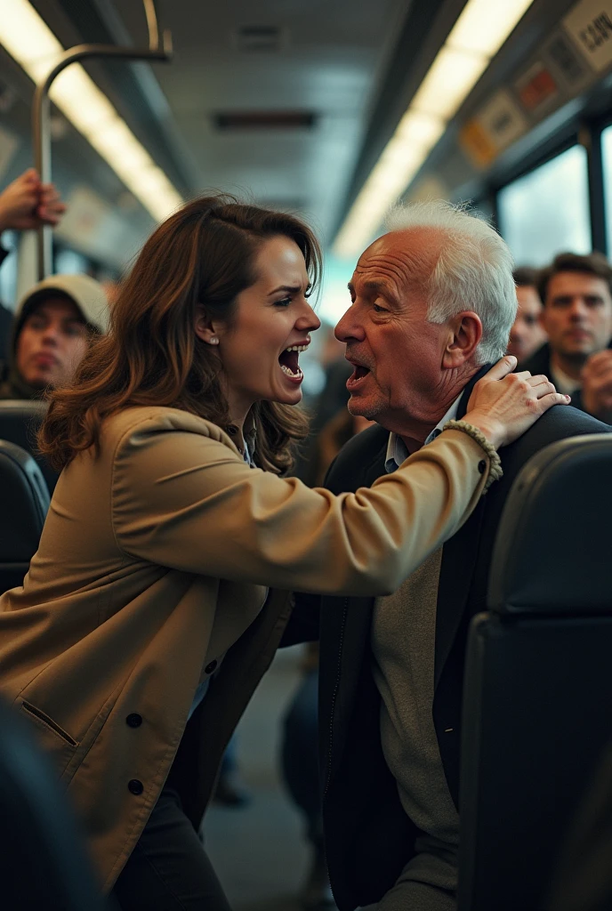 "Une photo montrant une jeune femme attrapant fermement et violemment les cols d'un vieux homme debout au milieu d'un bus. Elle lui crie dessus avec une expression intense de frustration ou de colère. L'homme semble surpris ou désorienté. Le bus est plein de passagers, qui regardent la scène avec étonnement ou préoccupation, ajoutant à la tension de la situation."