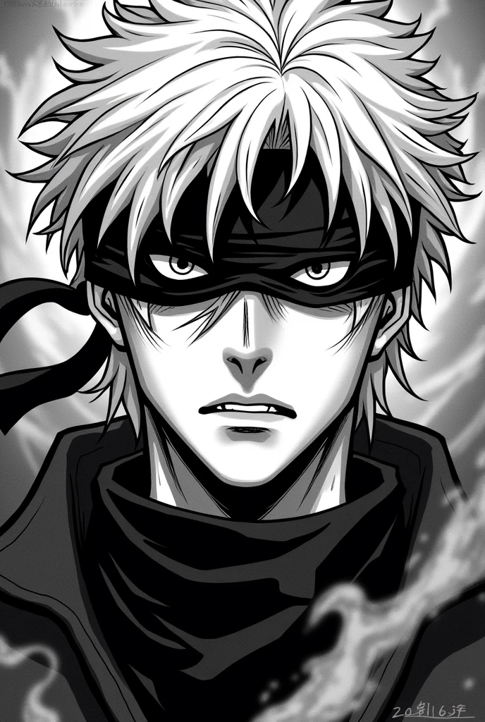 Satoru gojo in yuta mode, manga style , Nice details,did you not hear i Said in manga style dark and white