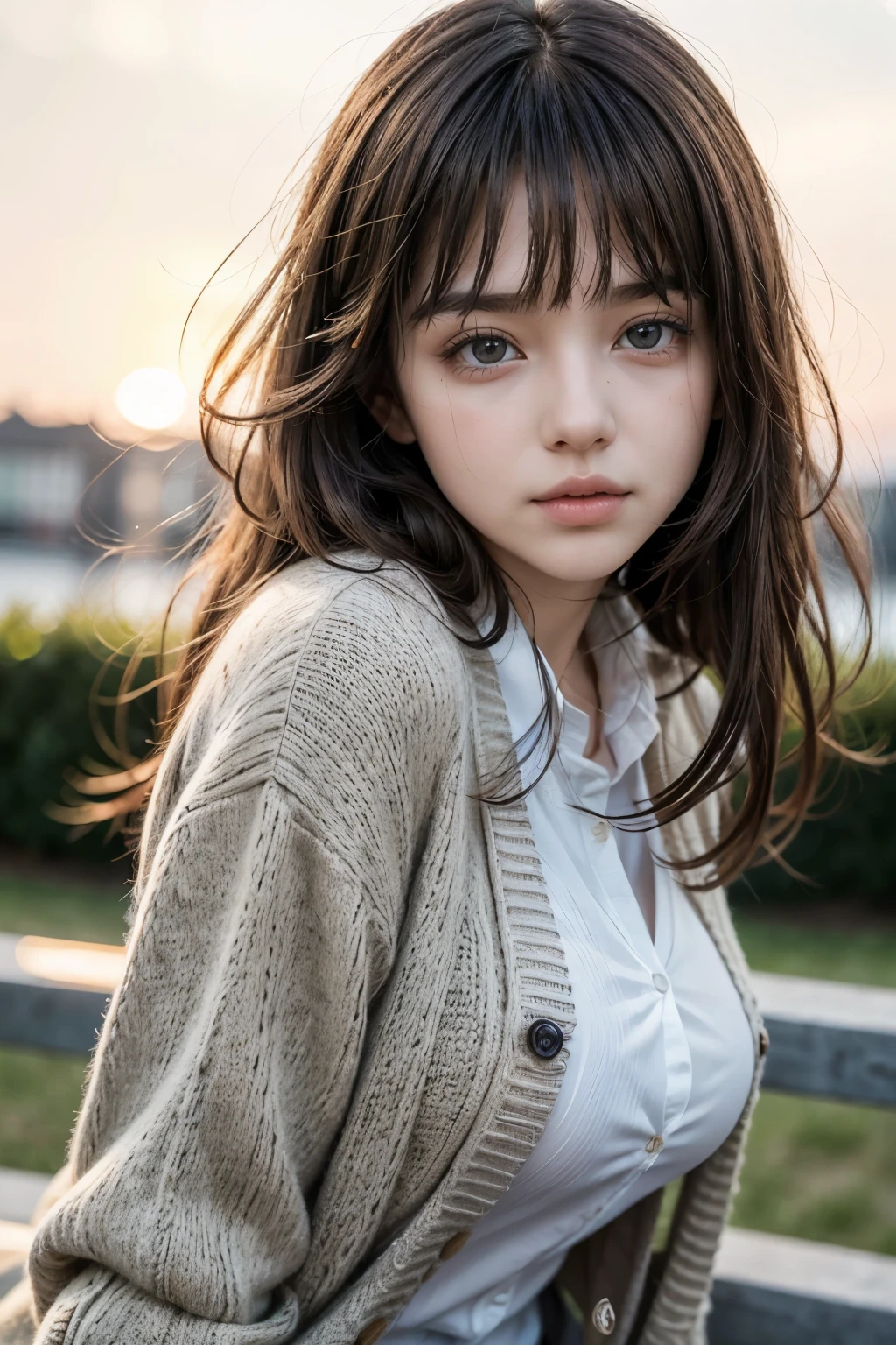 (A beautiful young girl with symmetrical facial features), (long wind-blown hair), ((wearing a school uniform with a cardigan)), bangs, thigh,looking down at the viewer, sunset lighting, ((large breasts)), detailed eyes, detailed lips, extremely detailed face, long eyelashes, intricate details, photorealistic, high quality, 8k, best quality, masterpiece, cinematic lighting, dramatic lighting, natural lighting, warm colors, soft focus, depth of field, elegant, serene, beautiful, captivating,(bent forward:1.5), ((from side))