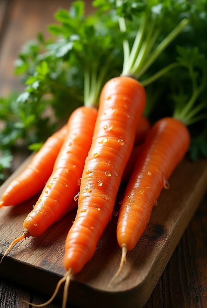 A bright orange carrot, toujours dans le terre avec des gouttes d'eau pour un effet frais, posée sur une planche en bois rustique. with a focus on detailed textures . Warm natural light illuminates the scene."
