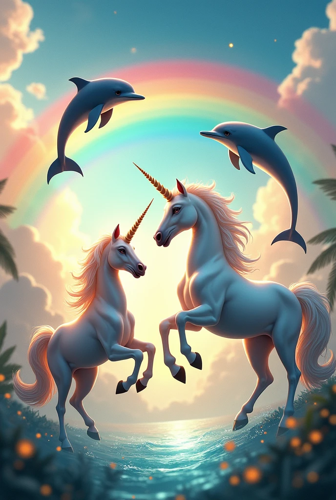 Unicorns and dolphins jumping and dancing and a rainbow in the sky
