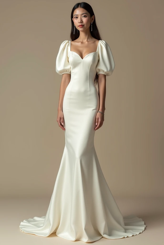 Create a bride's wedding dress. A plain, simple but elegant off-white puff sleeve, square neck mermaid satin dress for a female, 5'1ft, 46kg in weight and  27 waistline. Whole body, front. With the face of Joan Cueto from Alangilan, Batangas City, Philippines.