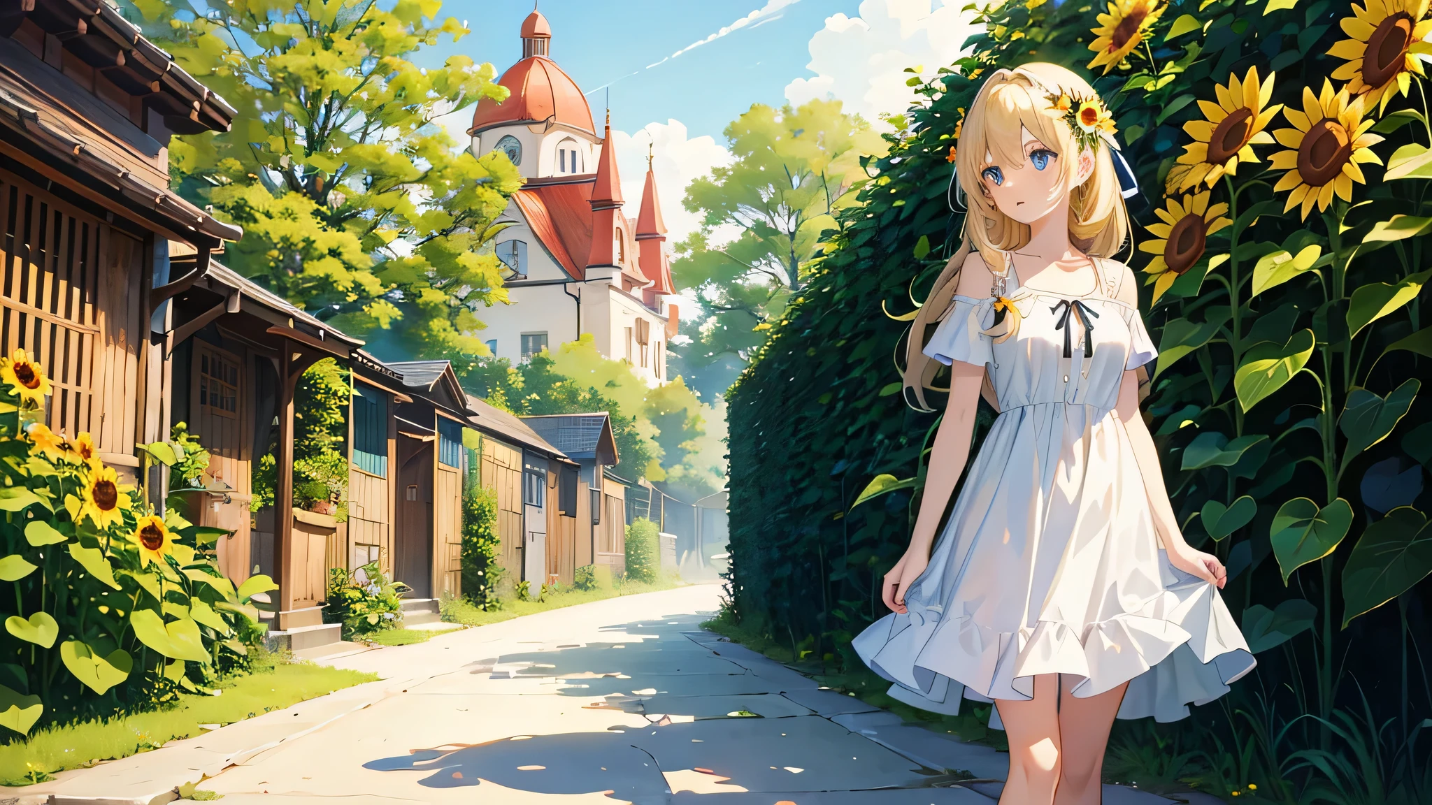 Anime Style、cute、Long Hair、Blonde、blue eyes、Small breasts、garden、stroll、White dress、sunflower、black ribbon on the head