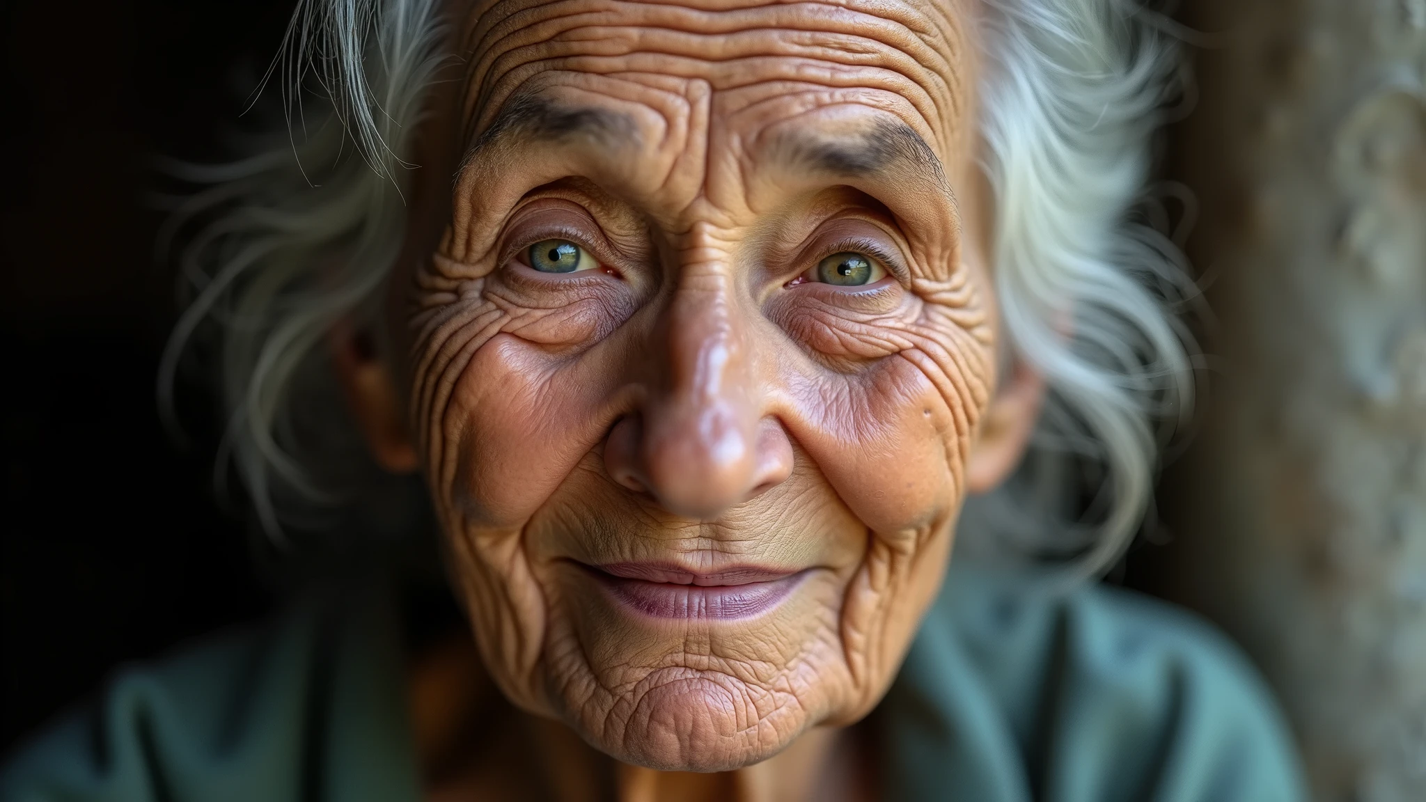 : A close-up shot of a smiling elderly woman with wrinkles that tell stories of wisdom, her eyes reflecting years of experience. 8k
