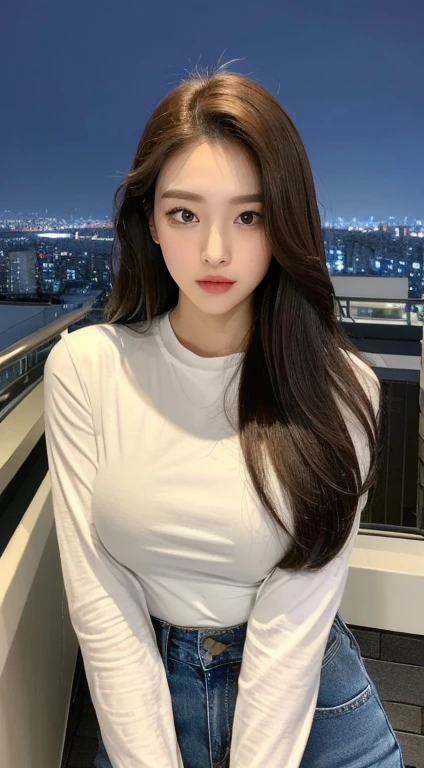 ((Midnight, Best quality, 8k, Masterpiece :1.3)), Whole body, Long legs, Sharp focus :1.2, A pretty woman with perfect figure :1.4, Slender abs :1.1, ((Dark brown hair,Gigantic breasts :1.2)), (White tight tshirt, Jean bib, Standing:1.2), ((Night city view, Rooftop:1.3)), Highly detailed face and skin texture, Detailed eyes, Double eyelid