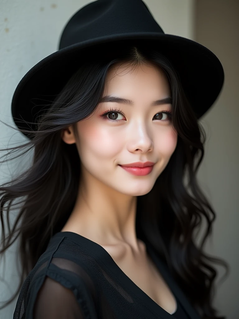 chinese girl 20 years old , with flawless face,bright smile,cute,beautiful,high quality beautiful,black hair ,with black hat,casual style
