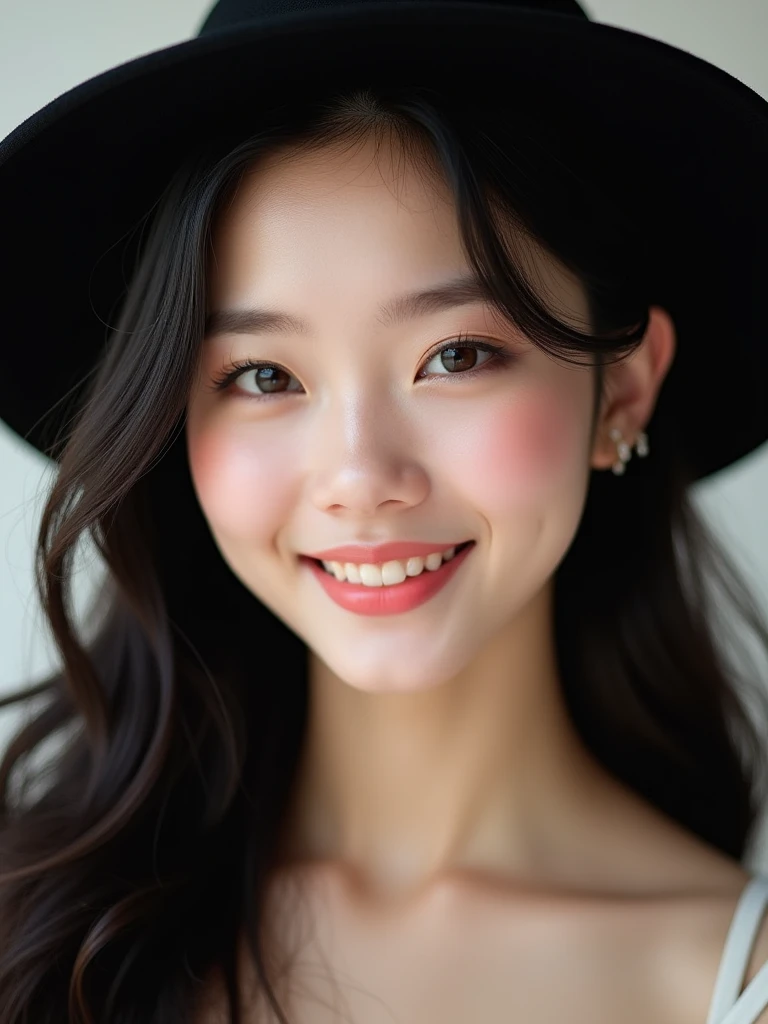 chinese girl 20 years old , with flawless face,bright smile,cute,beautiful,high quality beautiful,black hair ,with black hat,casual style