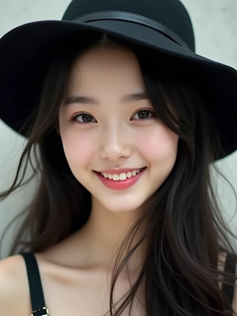 chinese girl 20 years old , with flawless face,bright smile,cute,beautiful,high quality beautiful,black hair ,with black hat,casual style