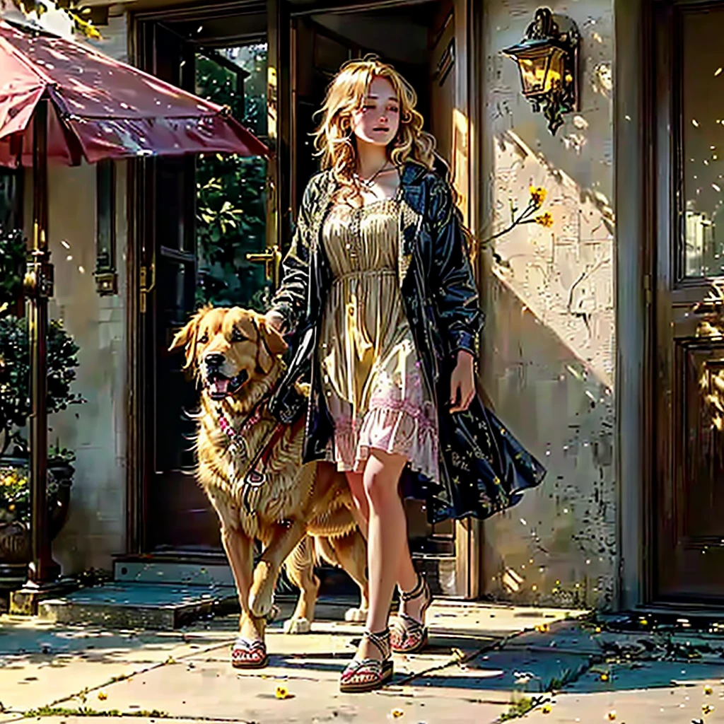 A dramatic moment where the golden retriever, with bristling golden fur and a fierce expression, faces off against the menacing dog. The bad dog, dark-furred with wild eyes, begins to back away, while the girl in a yellow sundress with white flowers and pink sandals kneels down, hugging her retriever tightly with tears in her eyes. The scene should convey Max’s bravery and Lily’s relief.