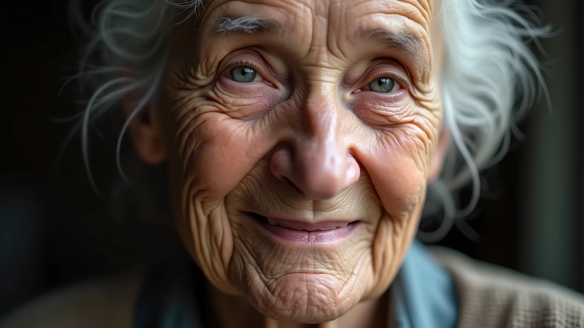 : A close-up shot of a smiling elderly woman with wrinkles that tell stories of wisdom, her eyes reflecting years of experience. 8k  