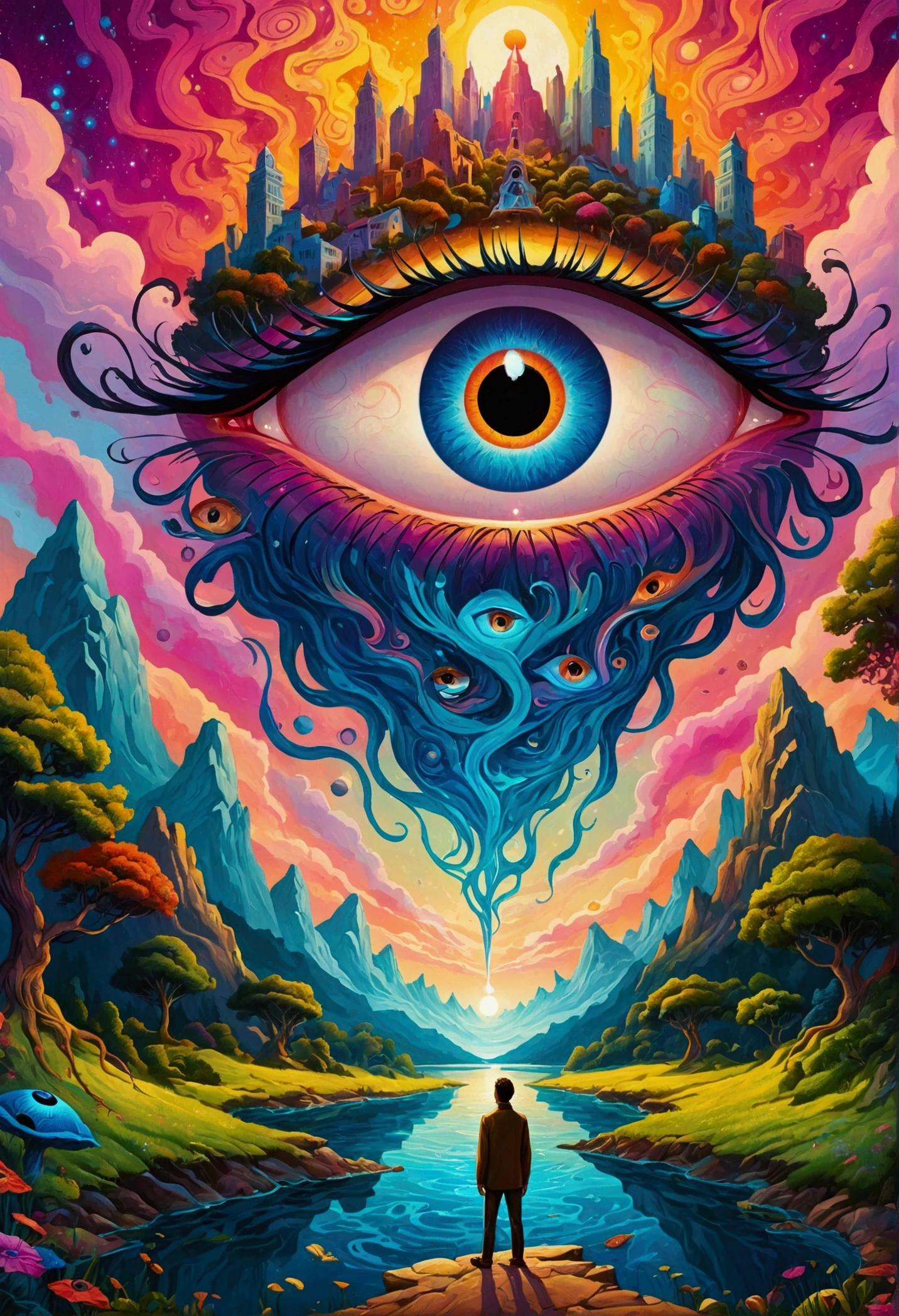 A man stands in front of a painting of an eye, Surrealism inspired by Cyril Rolando, Popular on artstation, Psychedelic Art, Visionary Art Style, The Third Eye视觉, Psychedelic illustration, fantasy, Psychedelic surrealist art, Psychedelic Art style, Psychedelic Art, psychedelic aesthetic, Dan Mumford and Alex Grey style, extremely psychedelic experience, The Third Eye, Psychedelic Trip