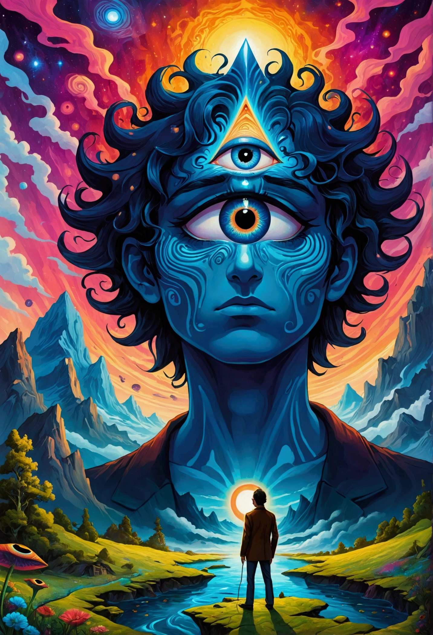 A man stands in front of a painting of an eye, Surrealism inspired by Cyril Rolando, Popular on artstation, Psychedelic Art, Visionary Art Style, The Third Eye视觉, Psychedelic illustration, fantasy, Psychedelic surrealist art, Psychedelic Art style, Psychedelic Art, psychedelic aesthetic, Dan Mumford and Alex Grey style, extremely psychedelic experience, The Third Eye, Psychedelic Trip