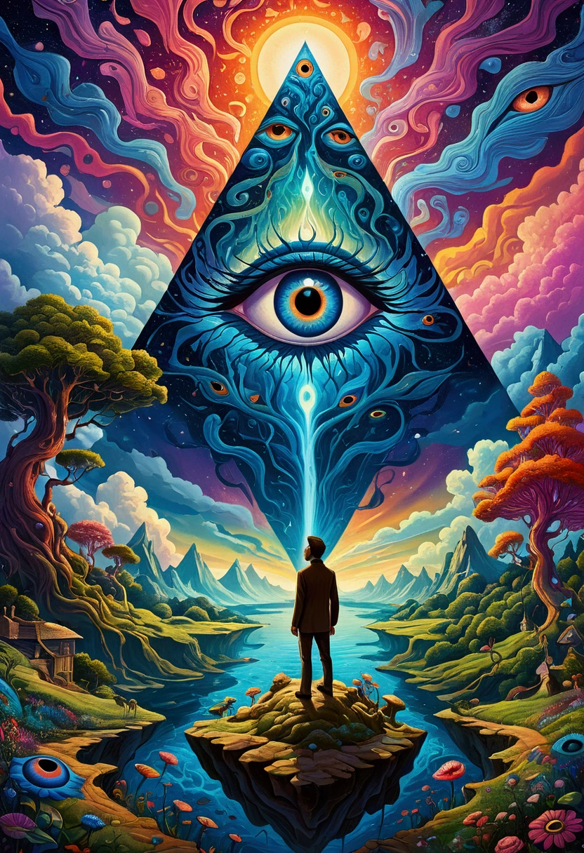 A man stands in front of a painting of an eye, Surrealism inspired by Cyril Rolando, Popular on artstation, Psychedelic Art, Visionary Art Style, The Third Eye视觉, Psychedelic illustration, fantasy, Psychedelic surrealist art, Psychedelic Art style, Psychedelic Art, psychedelic aesthetic, Dan Mumford and Alex Grey style, extremely psychedelic experience, The Third Eye, Psychedelic Trip