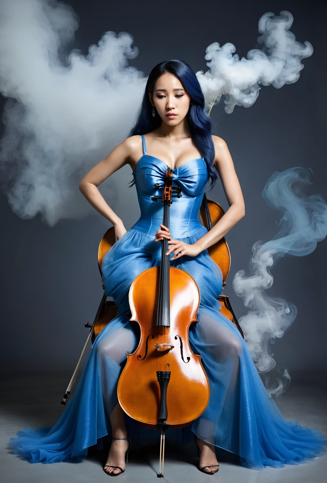(Nigerian-Korean woman)+++, 2, sitting playing a cello, cello between her legs, provocative pose, (ethereal appearance)+++, beautiful model, busty, wearing transparent clothes, long blue hair, (smoke effect)+, highly detailed, surreal photo, photorealistic, cinematic, 8k