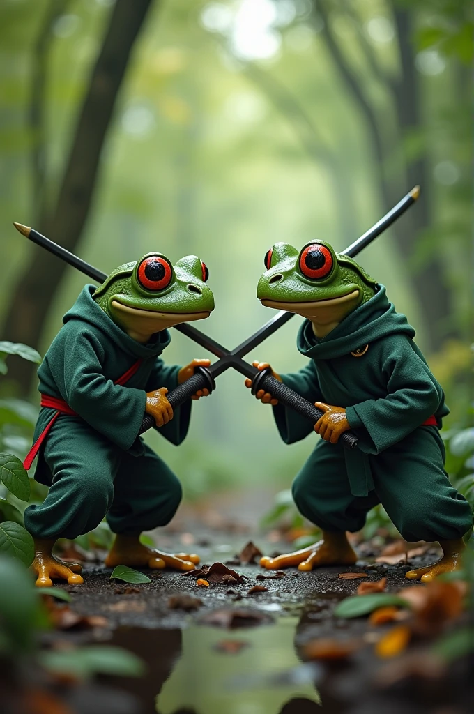 Two frogs in ninja clothes fighting with katanas in a forest 