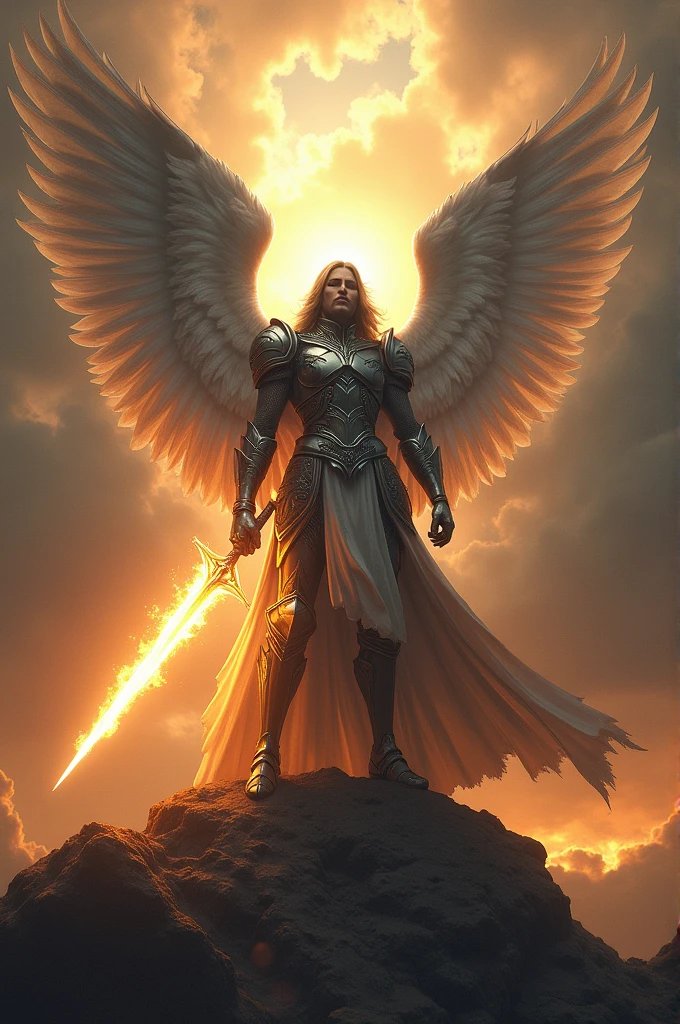 An angel who is on high, he has armor as if he were protecting something, he is feared and he is an angel of divine light., carrying a sword of fire in a sky with dark gray clouds having a divine light from God