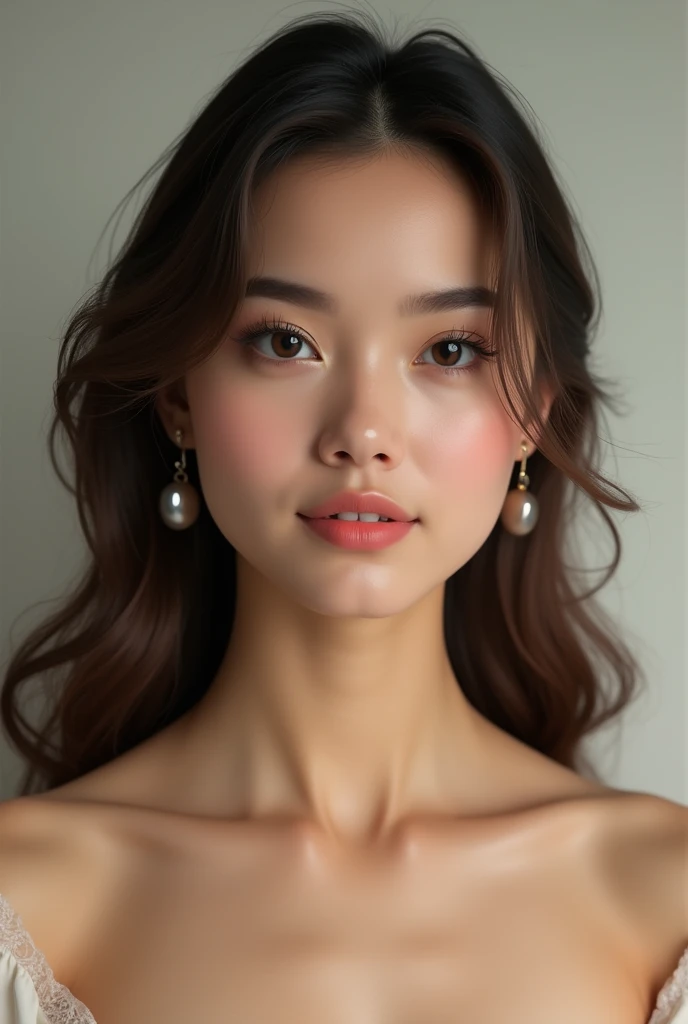 Face Shape: Oval or heart-shaped face with a smooth, well-defined jawline.
Eyes: Almond-shaped eyes, which can be deep-set or slightly prominent, often with a warm or dark hue, framed by long, thick eyelashes.
Eyebrows: Well-groomed, arched eyebrows that complement the eye shape.
Nose: A well-proportioned, delicate nose with a refined tip.
Lips: Full and slightly curved lips with a natural, gentle smile.
Skin Tone: Radiant and even-toned skin, which could range from fair to deep brown, with a healthy glow.
Cheekbones: High, well-defined cheekbones that add to the facial structure.
Hair: Long, lustrous hair, often styled in soft waves or straightened, adding to the overall elegance. Human body girl