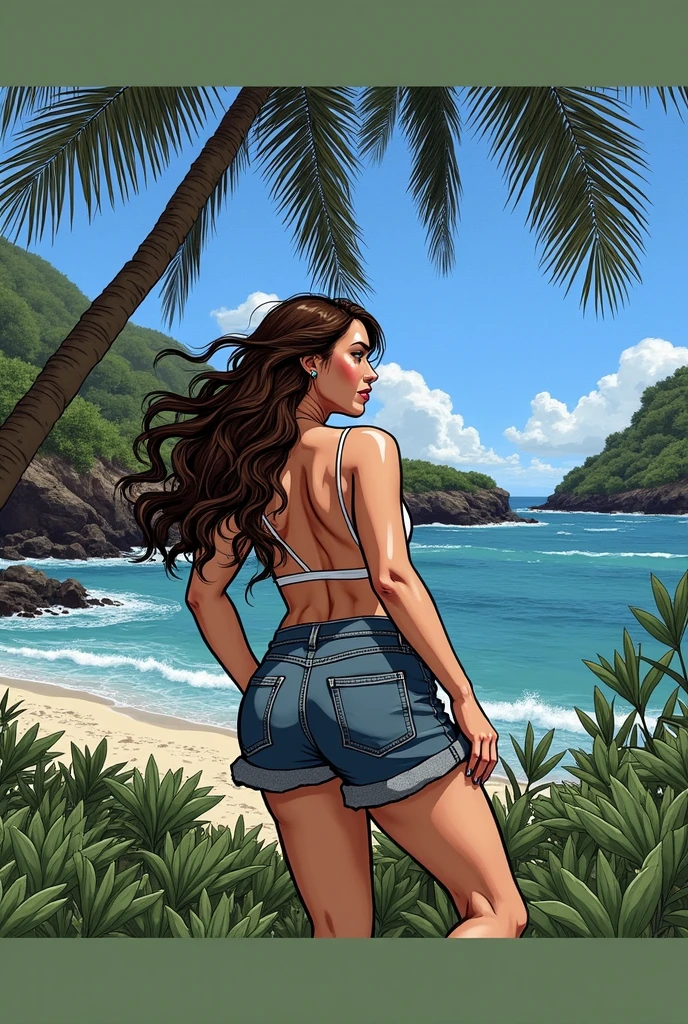 Araffe in a bikini and hat is outside, mulher mexicana bronzeada bonita, Realistic bikini, roupa de banho, detailed digital illustration, bikini blue, stylized digital illustration, color digital illustration, traje: sbikini, realistic digital illustration, corpo perfeitamente sombreado, baixo detalhamento. pintura digital, fofosexyrobutts, Close-up de corpo inteiro, detailed 2d illustration