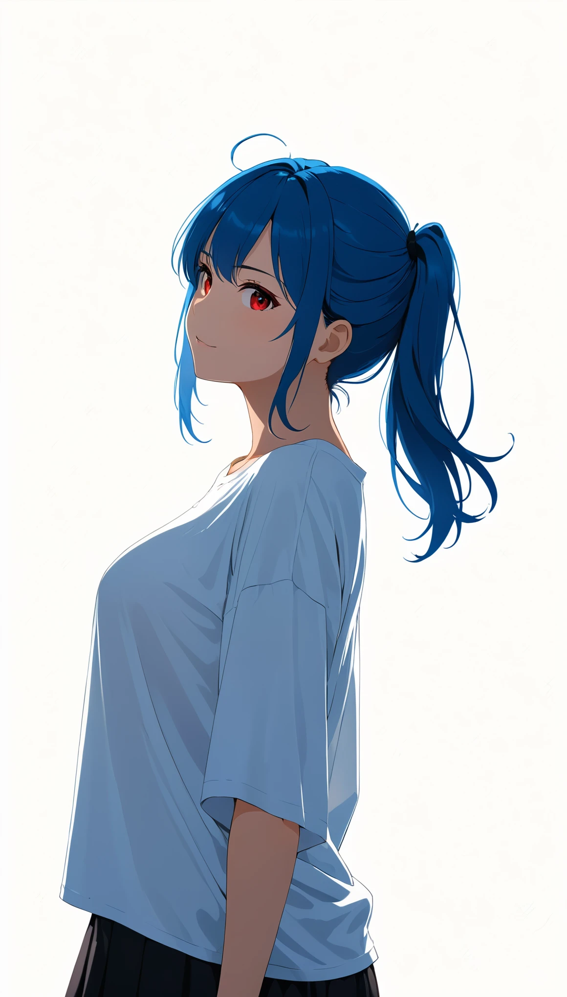 in style of Bess Hamiti
(half body,gravure_pose,smug),1girl,(blue hair, red eyes ),cowboy shot,(white_background:1.8),leaning_to_the_side,(dynamic_angle:1.8),(hair one side up:1.8),oversized ultra-thin white t-shirt,(the silhouette of the body is clearly visible in the light:1.5),from the side,hands flat