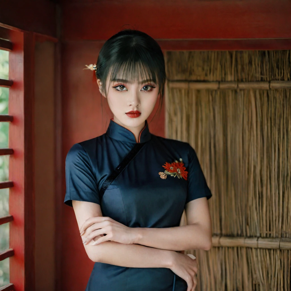 Thai Beautiful girl with smoothwhiteskin,Bangs,black hair,hair bun, dark eyeshadow,wearing a redcheongsam uniform, a tight fit, standing in a room,The most realistic picture.