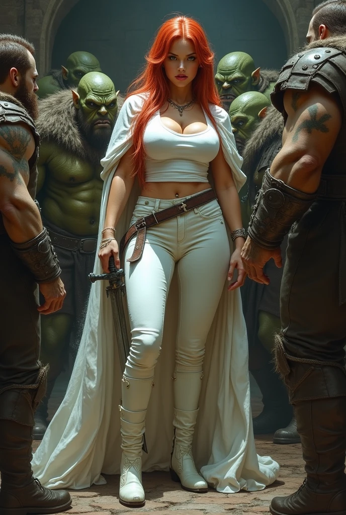 grimdark fantasy, a 2 girl with long spiky red hair and round face with green eyes and thickish strong body with wide hips and big breasts and wearing a tight white t-shirt with cleavage and tight white trousers and short white boots and a white cloak with a greatsword at her back standing in a shady tavern surrounded by orc thugs ready for battle