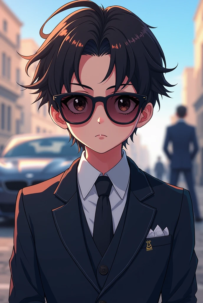 Create a profile pic cute anime mafia boy with sunglasses on. Both shoulders must be seen. Sunglasses should be tinted. 