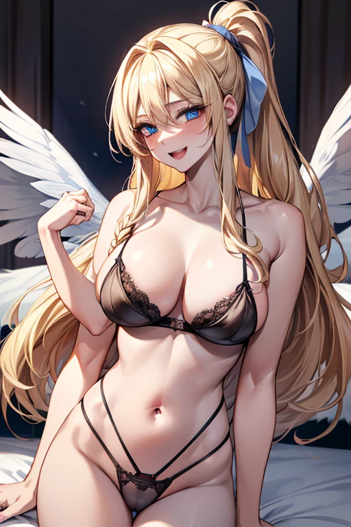 ((ponytail)), barefaced, fair skin, Very detailed、highest quality、Best image quality、masterpiece、8k、Anime Face、A kind smile、Open Mouth、(Blonde long hair:1.5)、big breast, sexy、 beautiful body 、Cowboy Shot, ((wings)), ((red eyes)), ((blue eyes)), , hotel bedroom,side braid, ((white wings)), ((black wings)), ((grey lingerie)),