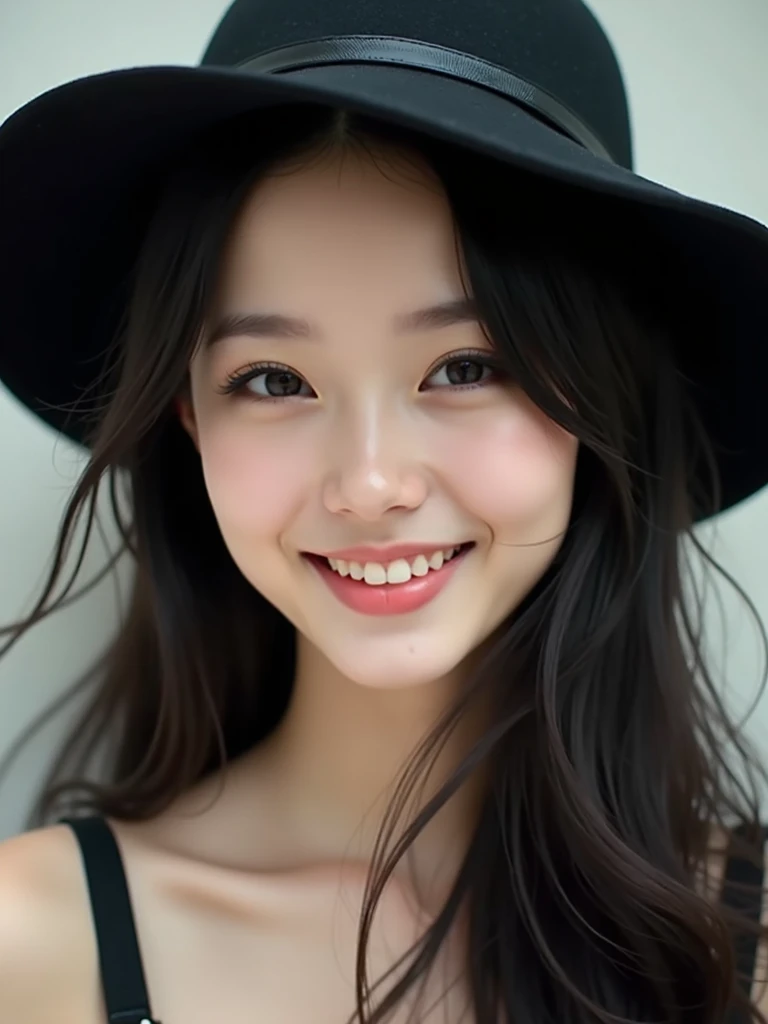 chinese girl 20 years old , with flawless face,bright smile,cute,beautiful,high quality beautiful,black hair ,with black hat,casual style