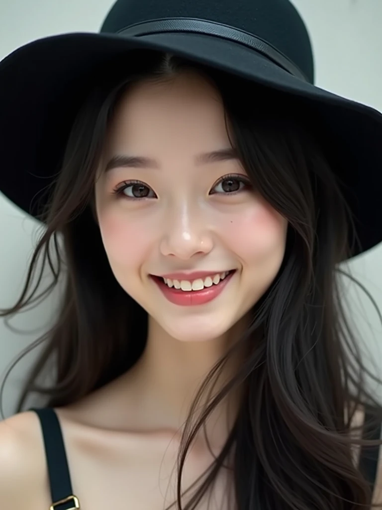 chinese girl 20 years old , with flawless face,bright smile,cute,beautiful,high quality beautiful,black hair ,with black hat,casual style