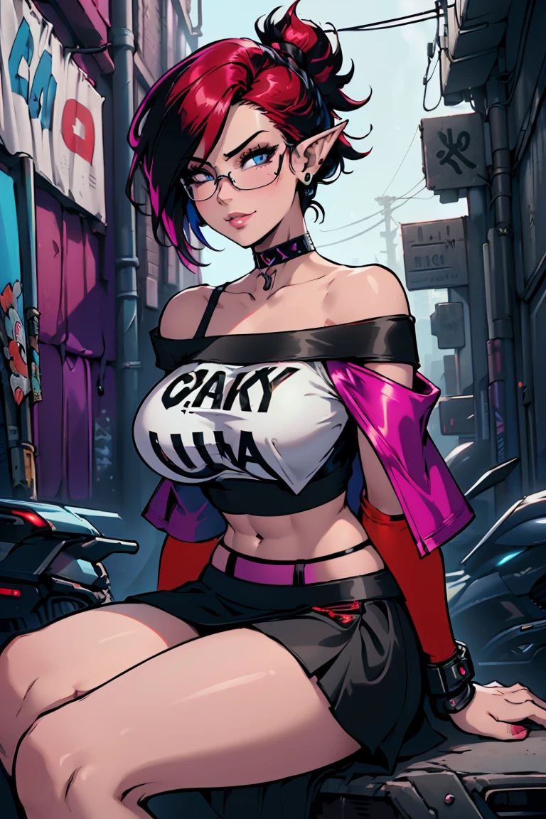 1girl, beautiful elf woman, ((Short Red Hair, Straight, has shine)) Blue eyes, double eyelids, light effect on eyes, detailed irises, beautiful curvy body, glasses, ((Off the Shoulder sleeveless Black crop top with black micro skirt: 1.5)), black choker, black panties, black high heels, ((Work of art, hyper-realistic, hyper detailed, Best Quality, 16k, light and shadow on skin, vivid colors)), ((Sitting on a cyberpunk motorcycle lewdly on a alleyway in cyberpunk city: 1.5)), Lustful Expression, ((Hands resting on top of chest)) perfect lips, sexy mature face, lots of freckles all over body, full pouty lips, extreme blush, sensual smile, ((Night)), moonlit sky, Flirting with the viewer, Looking at viewer, Flirty Lewd Smile, ((Large Breasts: 1.2)) ((Full Side View))
