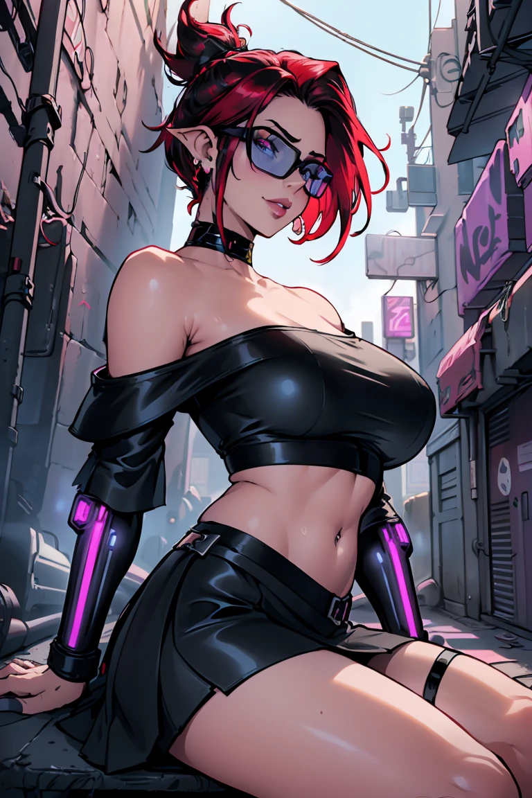 ((Masterpiece stunning Anime illustration)), ((extremely delicate and beautiful cybernetic girl, very long platinum red hair, vibrant moonlight eyes, accentuated super huge enormously gigantic nude tits and nipples exposed, nude hairy pussy exposed, tattoo sleeves and piercings)), ((highly detailed face)), ((mechanical limb, mechanical vertebrae)), ((mechanical cervical attaching to neck)), (wires and cables attaching to neck:1.2), ((mass of wires and cables on head)), ((wearing colorful Harajuku-inspired hip hop cyberpunk tech hooded tech jacket)), (squatting spreading her legs open, dynamic sexy seductive slutty pose, sexy seductive slutty horny orgasm facial expression), ((cowboy shot)), (masterpiece), (((best quality))), ((ultra-detailed)), (highly detailed photorealistic CG illustration), cinematic lighting, science fiction, extremely detailed,colorful,highest detail, (((cyberpunk city background, (Blade Runner), futuristic Harajuku cyber city district))), NSFW