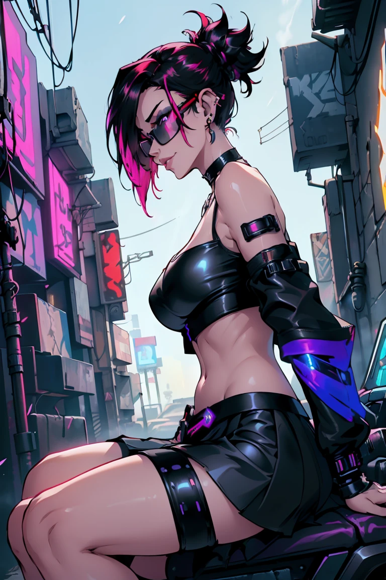 1girl, beautiful elf woman, ((Short Red Hair, Straight, has shine)) Blue eyes, double eyelids, light effect on eyes, detailed irises, beautiful curvy body, glasses, ((Off the Shoulder sleeveless Black top with mini skirt: 1.5)), black choker, black panties, black high heels, ((Work of art, hyper-realistic, hyper detailed, Best Quality, 16k, light and shadow on skin, vivid colors)), ((Mounting a cyberpunk motorcycle lewdly on a alleyway in cyberpunk city: 1.5)), Lustful Expression, ((Hands resting on top of chest)) perfect lips, sexy mature face, lots of freckles all over body, full pouty lips, extreme blush, sensual smile, ((Night)), moonlit sky, Flirting with the viewer, Looking at viewer, Flirty Lewd Smile, ((Large Breasts: 1.2)) ((Full Side View))
