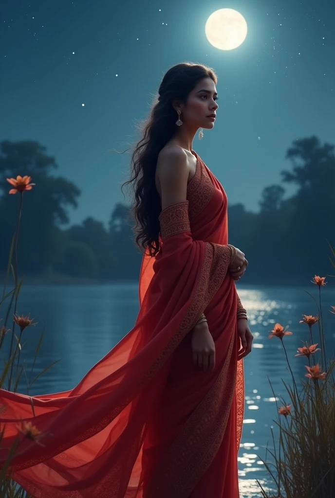 There is a 1 Indian girl she is wearing a red saree and she is standing in the moonlight nights 