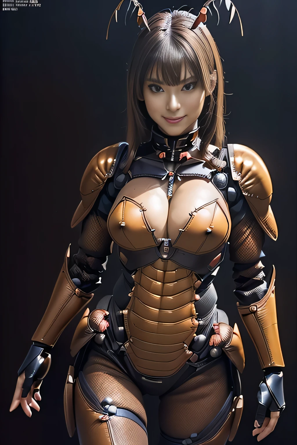 (high resolution,masterpiece,best quality,extremely detailed CG, anime, official art:1.4), realistic, photo, amazing fine details, all intricate, gloss and shiny,awesome many layers, 8k wall paper, 3d, sketch, kawaii, illustration,( solo:1.4), perfect female proportion,villainess, (fusion of dark brown cockroach and lady:1.4), (brown cockroach form lady:1.2), (brown cockroach lady:1.2), (fusion:1.2), (solo:1.4), (evil smile:1.2), muscular, abs, (cockroach brown exoskeleton bio insect suit:1.4), (cockroach brown exoskeleton bio insect armor:1.2), (brown transparency cockroach wing:1.4), (brown cockroach antennae:1.3),
