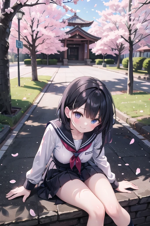 (masterpiece), school, cherry blossoms, outdoors, 1girl, serafuku, medium hair, black hair, smile, medium breasts, light particles, dappled sunlight