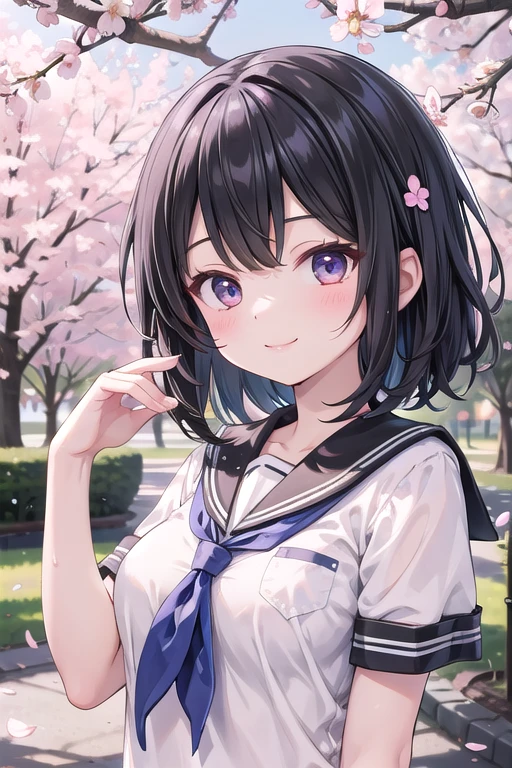 (masterpiece), school, cherry blossoms, outdoors, 1girl, serafuku, medium hair, black hair, smile, medium breasts, light particles, dappled sunlight