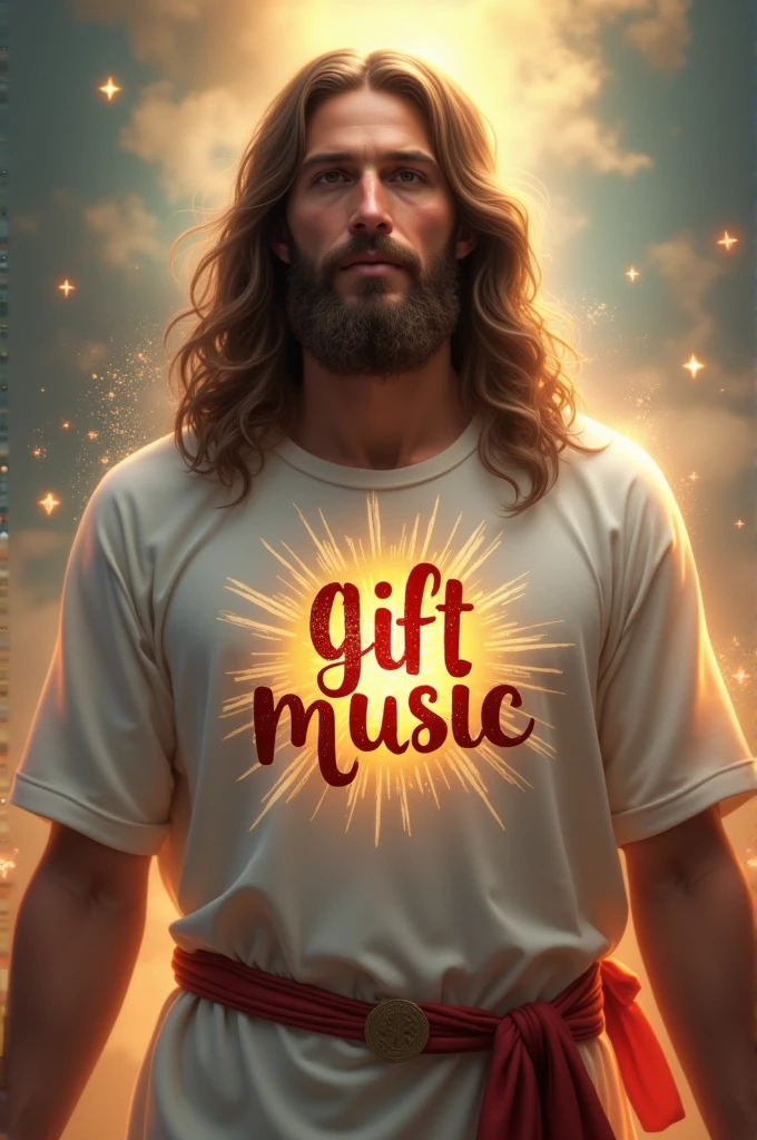 Jesus using a t-shirt with "gift music" written on it