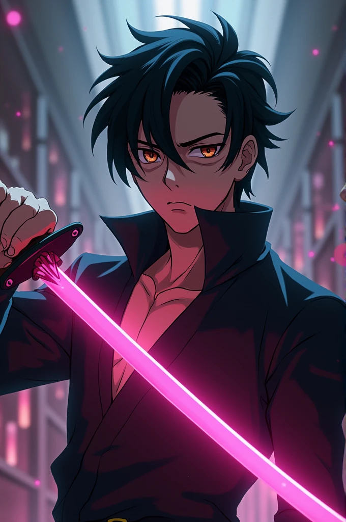 Young male character with black hair slicked back, dark brown eyes, a scar in the mouth, holding a katana with pink colored blade anime demon slayer style