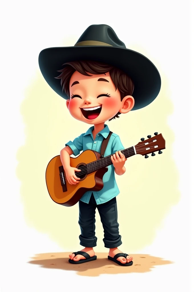 A cartoon of a child, dressed in black cloth pants and a light blue button-down shirt, sandals and a black Vallegrandino hat and a guitar in his hand 