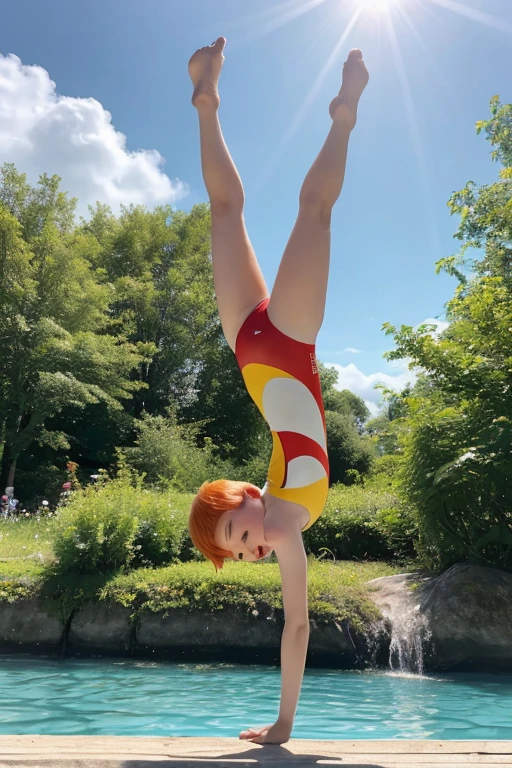 Very happy skinny ginger-sweden youngs kids with short ginger hair, dressed in new light short 2-peace superbe invisible swimsuit, happy to show gymnastique flexibility, on a scorching summer day, in the lagoon.