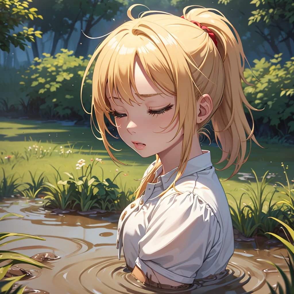 Solo girl, masterpiece, highly detailed, sweet blonde girl, 1 girl, muddy, dirty, ponytail hair, drowning in quicksand, mud, swamp, bog, grass, trees, white blouse, red miniskirt, (orgasm:1.5), (looking up:1.3), (eyes closed:1.4), from the torso up, (from side:1.4)