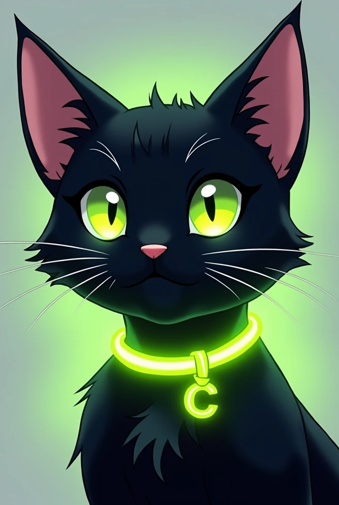 black cat face anime, neon green collar with a c