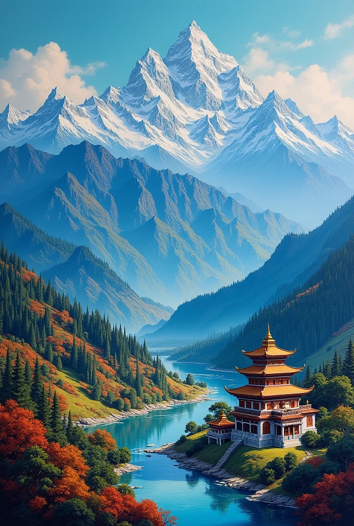 Create a acrylic painting of a nepali scenic hills and mountains with pyagoda temples on the bottom