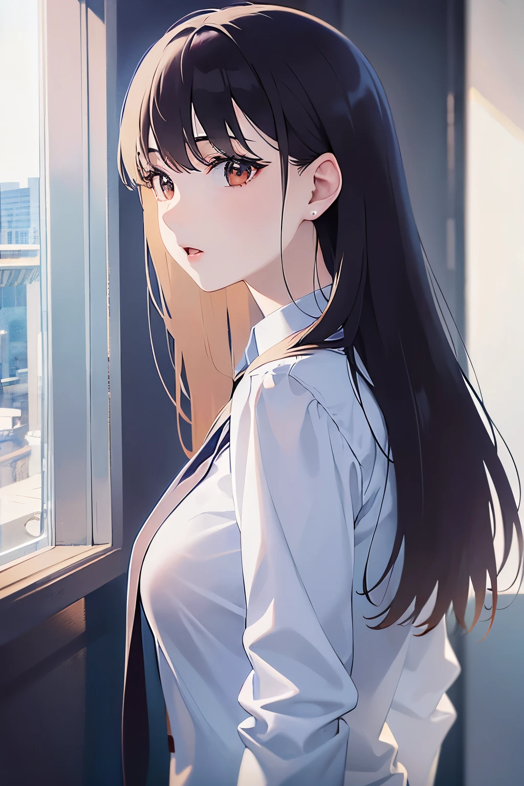（looking away:1.5）Upper Body, look back、Shooting from the front、
Realistic, real person, (pale skin: 1.2), RAW photo, photorealistic, shiny skin, shiny hair、(A 2 woman with medium-length hair and bangs) and (wavy hair) and (brown hair) and (orange eyes) ,
(Wearing a business suit:1.5) and (Wearing a white collared shirt),open mouth,The background is the conference room、(alone:1.5)