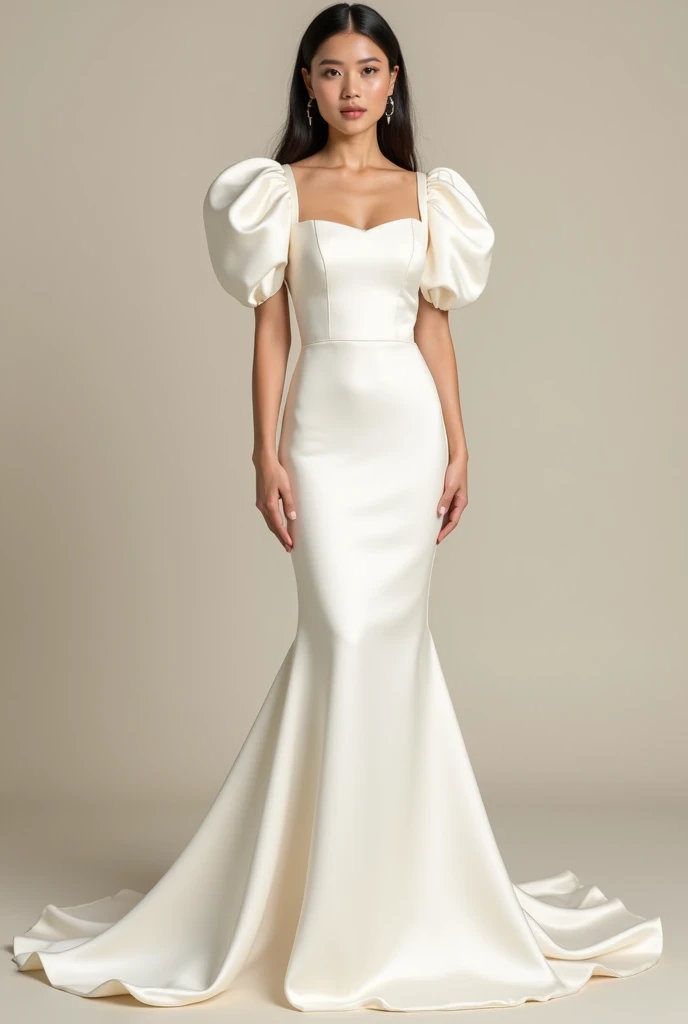 Create a bride's wedding dress. A plain, simple but elegant off-white puff sleeve, square neck mermaid satin dress for a female, 5'1ft, 46kg in weight and 27 waistline. Whole body, front. With the face of Joan Morante Cueto from De Joya Compound, Alangilan, Batangas City, Philippines.